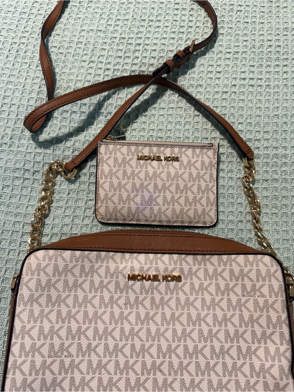 Michael Kors Jet Set Large Logo Print Woven Crossbody Bag Purse w/ wallet - Picture 5 of 11